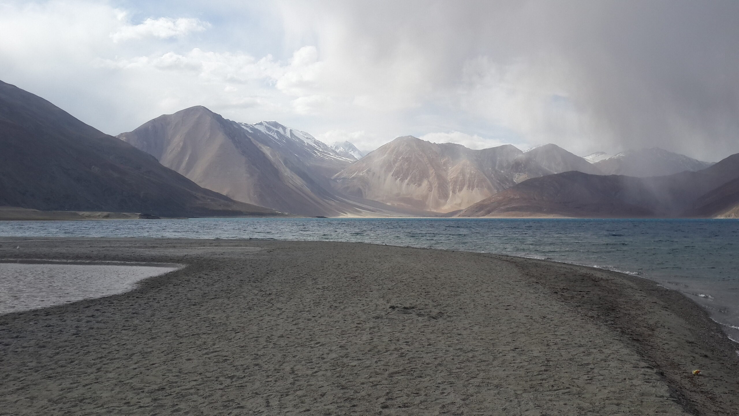 Turquoise waters of Pangong Lake in Ladakh with mountains behind